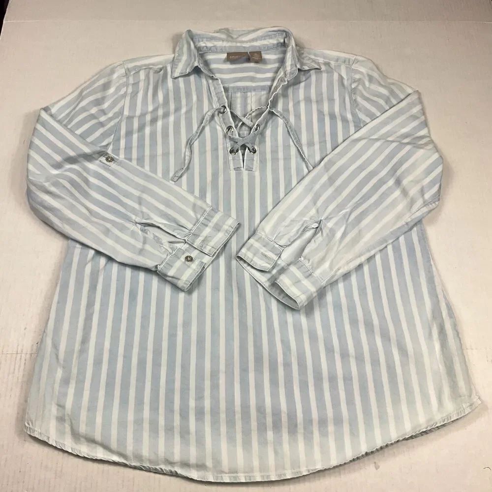 Chicos Lace Up Tunic Shirt Striped Long Sleeve Roll Tab Casual Top Size 2 Large